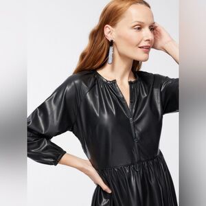 Chico’s Pleather Tiered Midi Dress SZ 2 US 12 Front Buttons Pockets Black